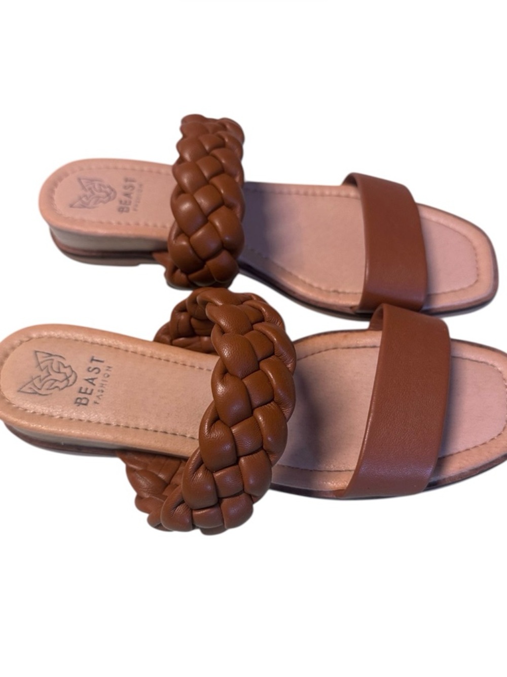 BEAST FASHION Brown Braided Double-Strap Slide Sandals